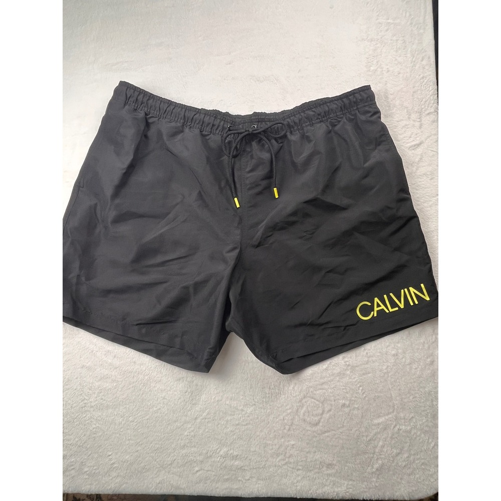 Calvin Klein Swim Trunks Men 2XL Black Yellow Logo Quick Dry UPF 40+ Shorts NEW